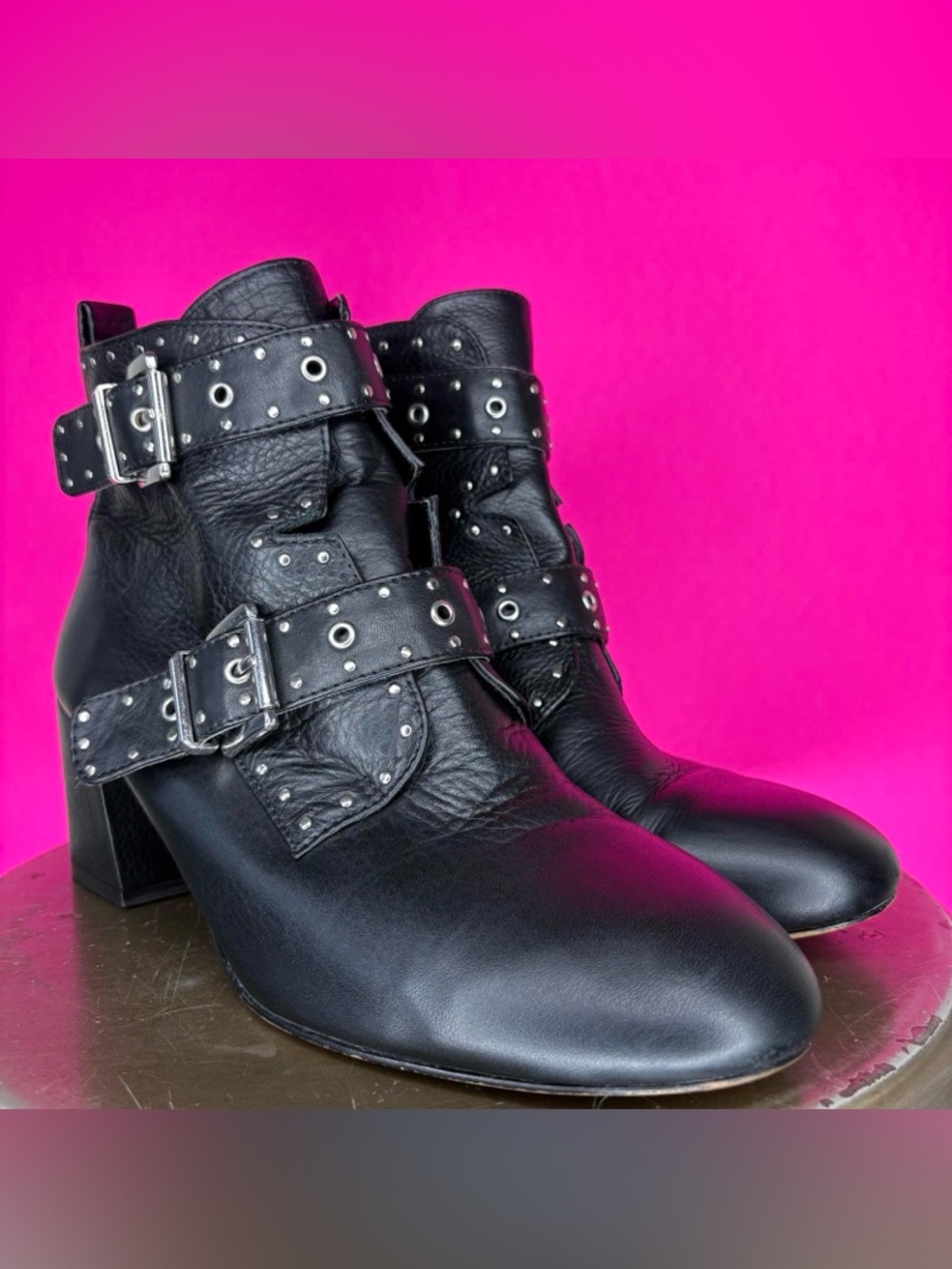 Rebecca Minkoff Logan Studded Black Leather Buckled Straps Heeled Boot US 8M